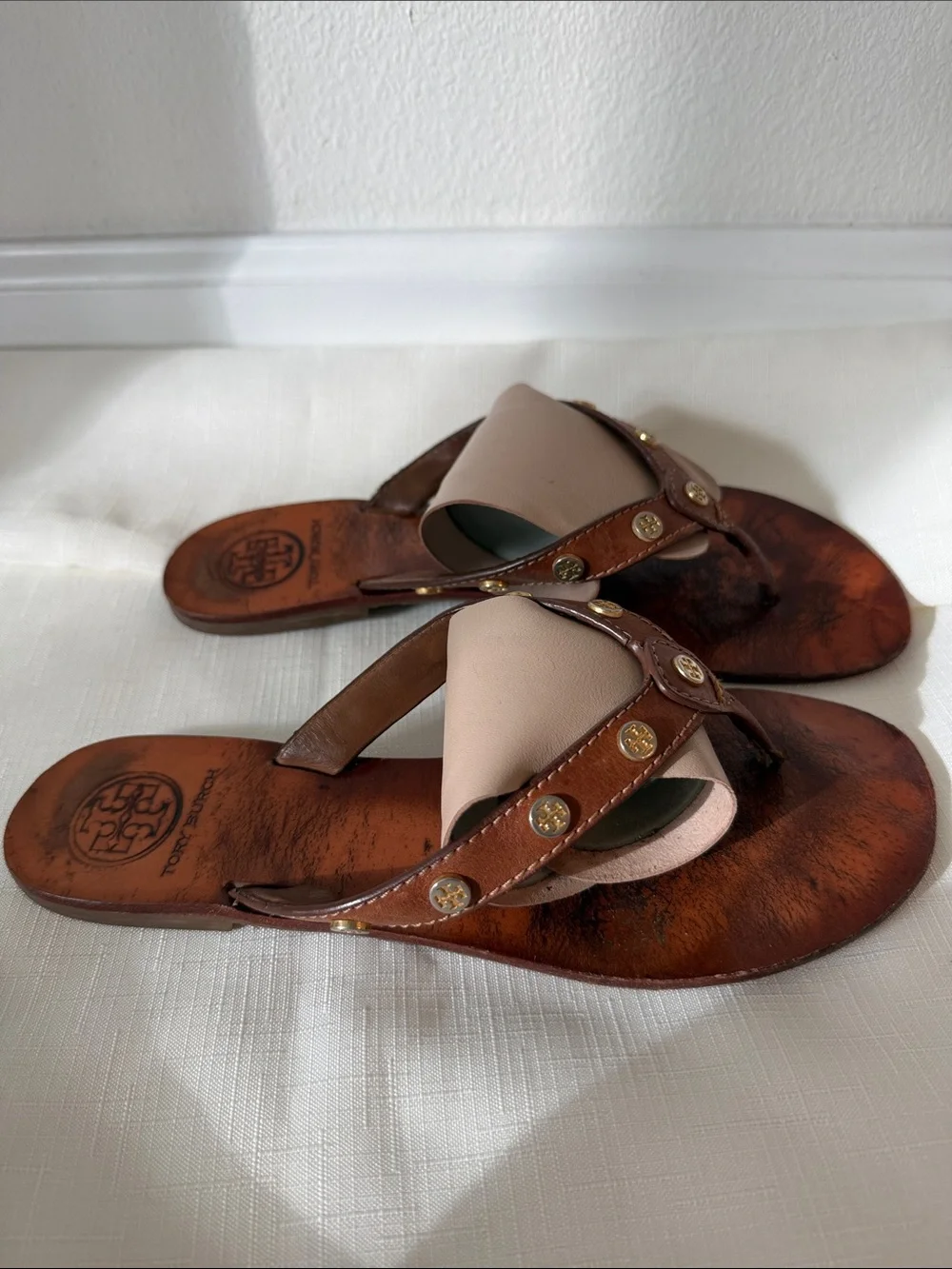 Tory Burch Brown Leather Thong Sandals with Beige Upper and Gold Logo Studs